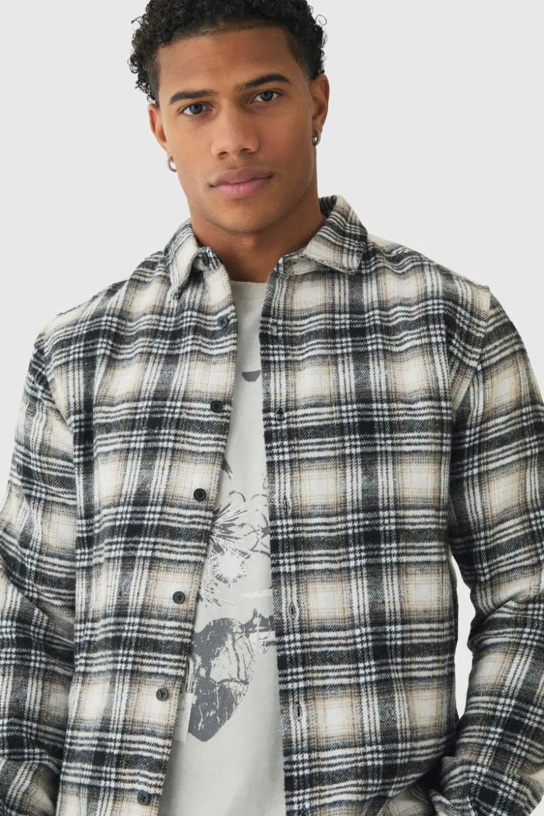 New boohooMAN Regular Fit Homme Print Check Shirt stone