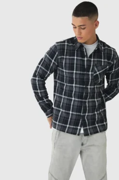Sale boohooMAN Regular Fit Long Sleeve Check Shirt grey