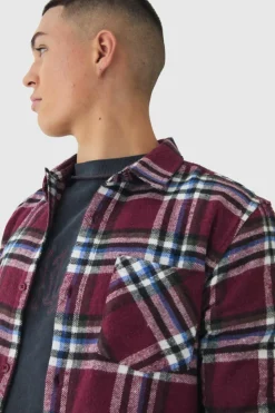 Hot boohooMAN Regular Fit Long Sleeve Check Shirt burgundy