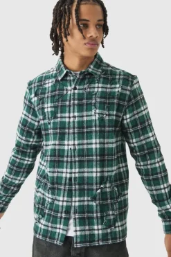Sale boohooMAN Regular Fit Long Sleeve Check Shirt green