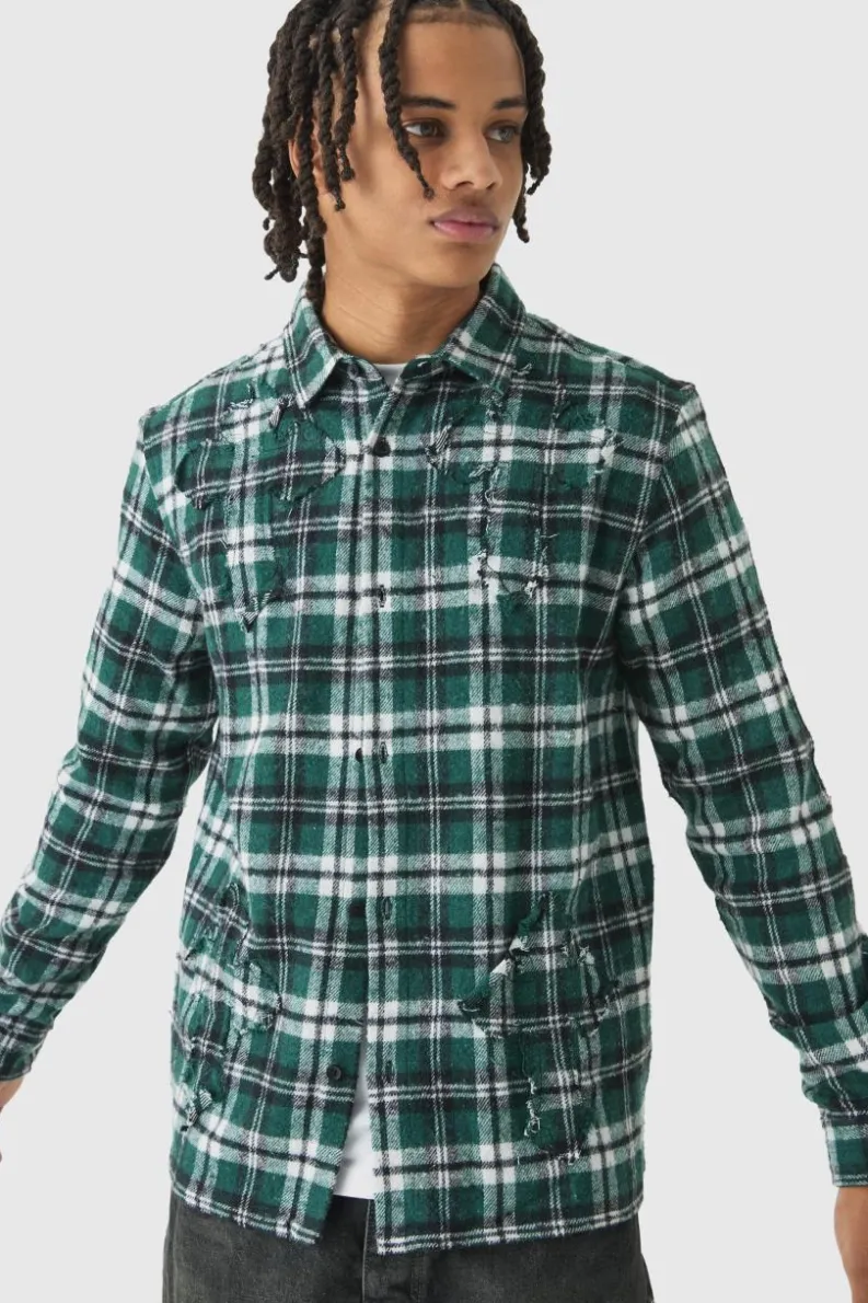 Sale boohooMAN Regular Fit Long Sleeve Check Shirt green