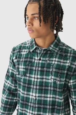 Sale boohooMAN Regular Fit Long Sleeve Check Shirt green