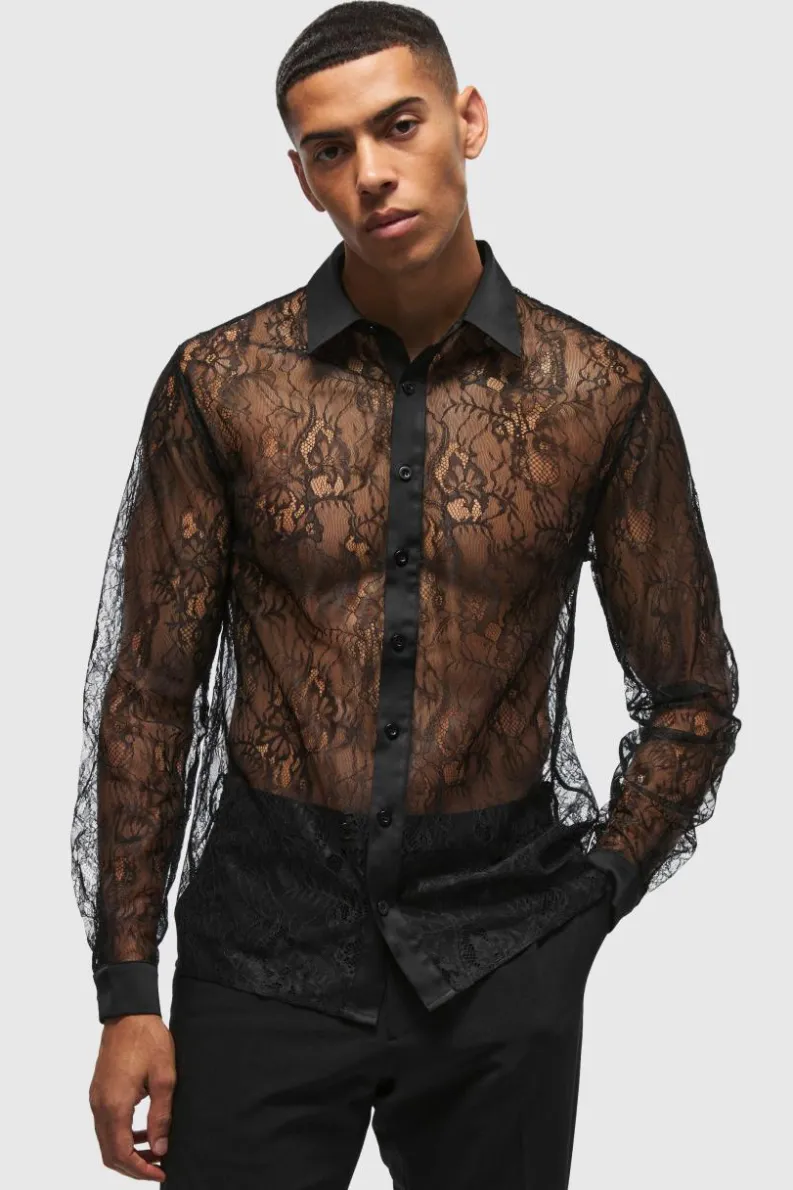 Online boohooMAN Regular Fit Long Sleeve Lace Shirt black
