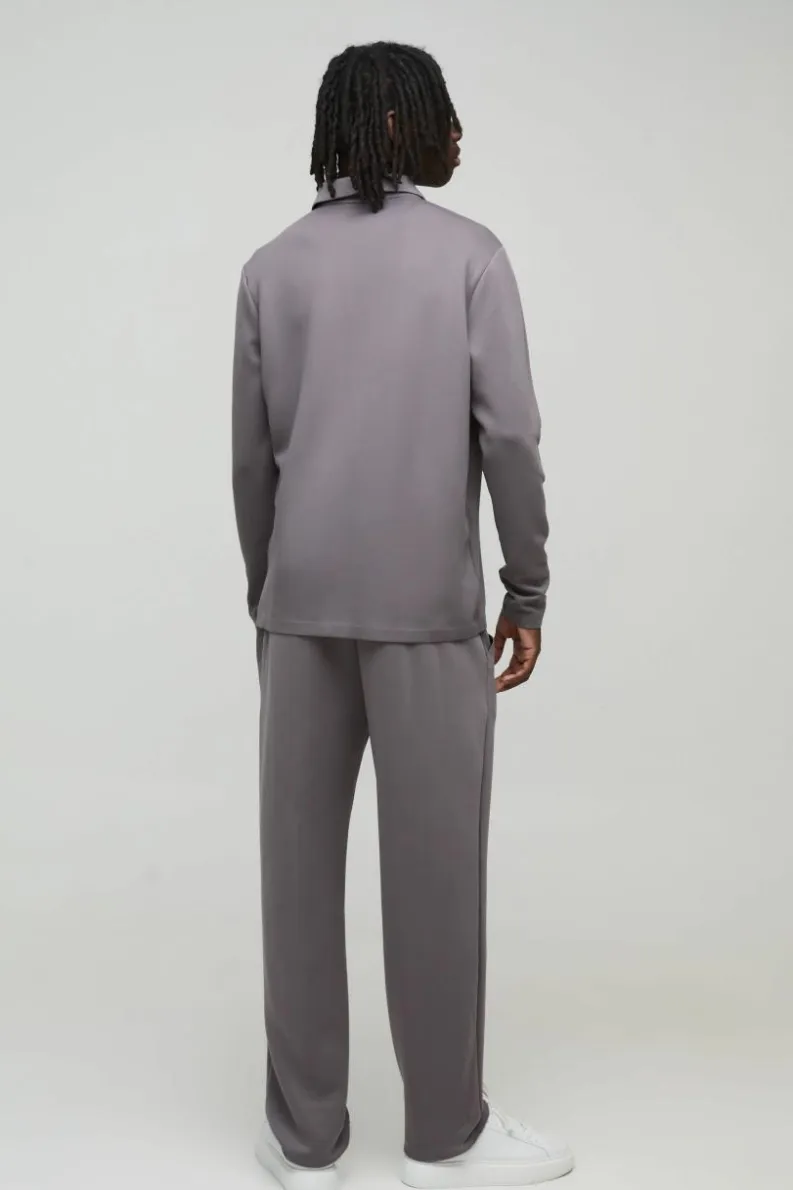 New boohooMAN Regular Fit Long Sleeve Zip Premium Scuba Polo dark grey