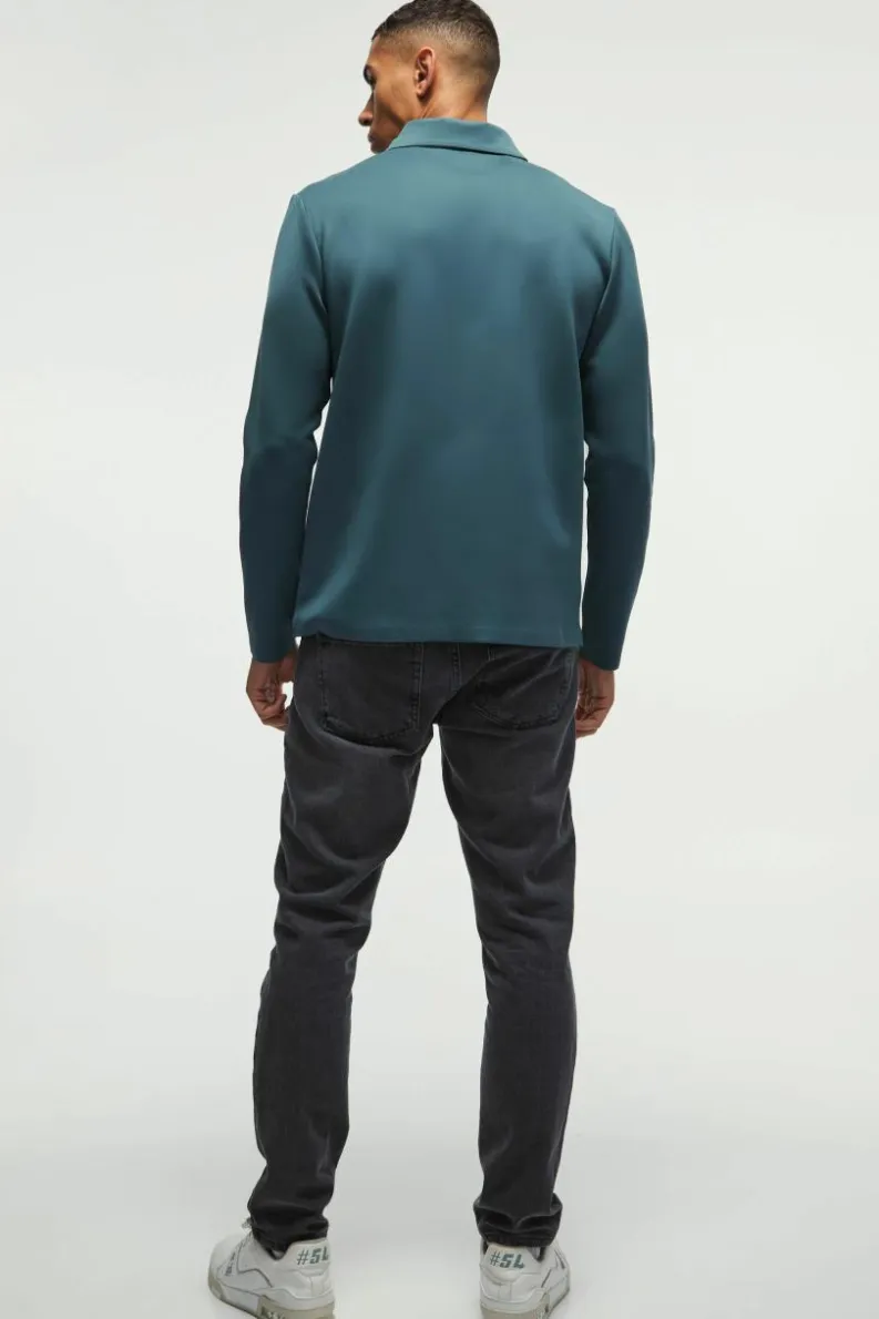 Cheap boohooMAN Regular Fit Long Sleeve Zip Premium Scuba Polo forest