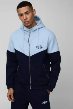 Best Sale boohooMAN Regular Fit Man Diamond Colour Block Zip Through Hooded Tracksuit navy