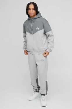 Flash Sale boohooMAN Regular Fit Man Diamond Colour Block Zip Through Hooded Tracksuit light grey