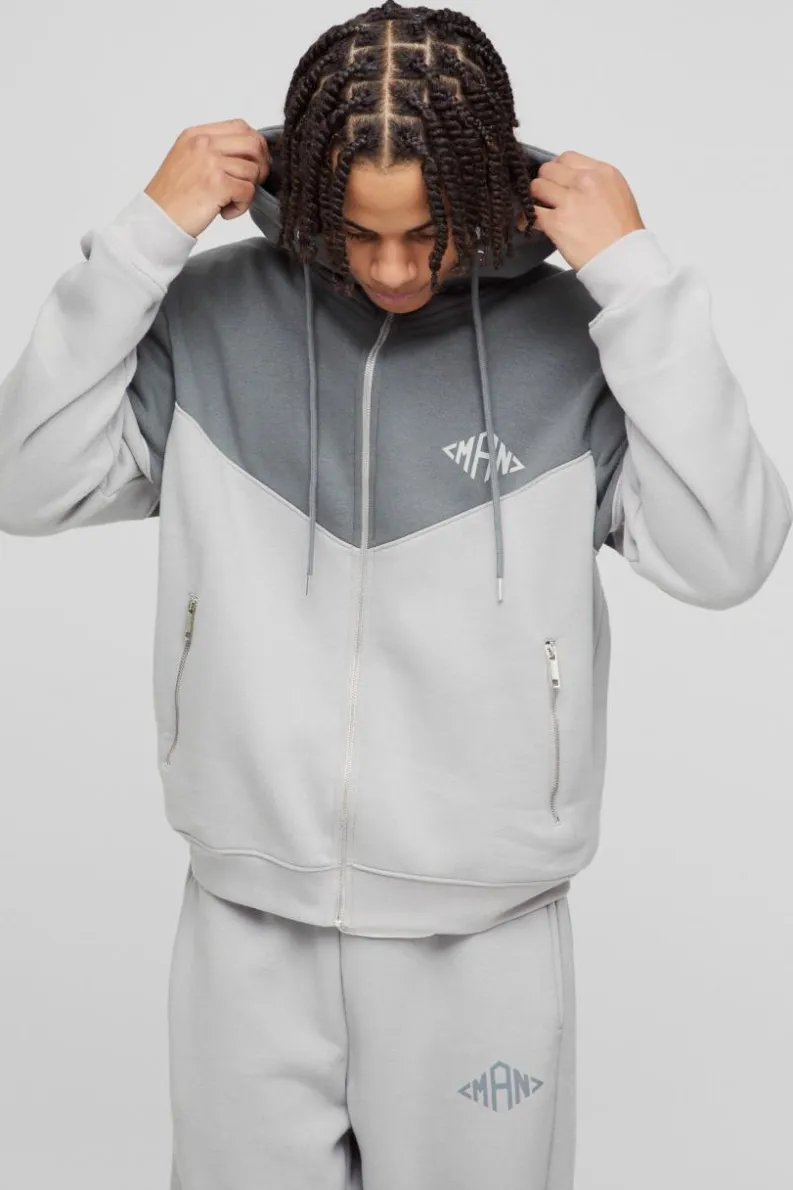 Flash Sale boohooMAN Regular Fit Man Diamond Colour Block Zip Through Hooded Tracksuit light grey