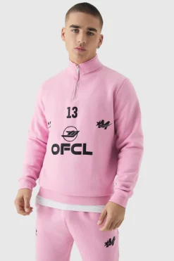 Hot boohooMAN Regular Fit OFCL Embroidered Funnel Neck Tracksuit pink