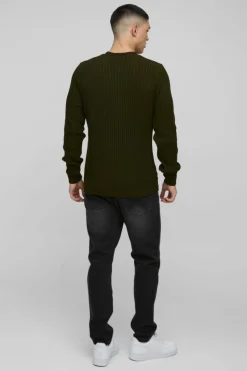 Shop boohooMAN Regular Fit Plaited Hem Knitted Jumper khaki