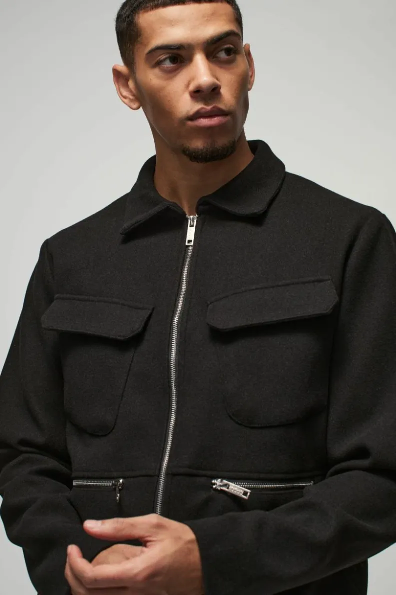 Outlet boohoo Regular Fit Pocket Detail Wool Look Harrington & Trouser Suit black