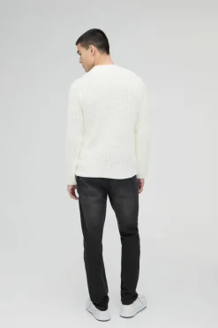 Cheap boohooMAN Regular Fit Raglan Detail Ribbed Crew Neck Knit Jumper ecru