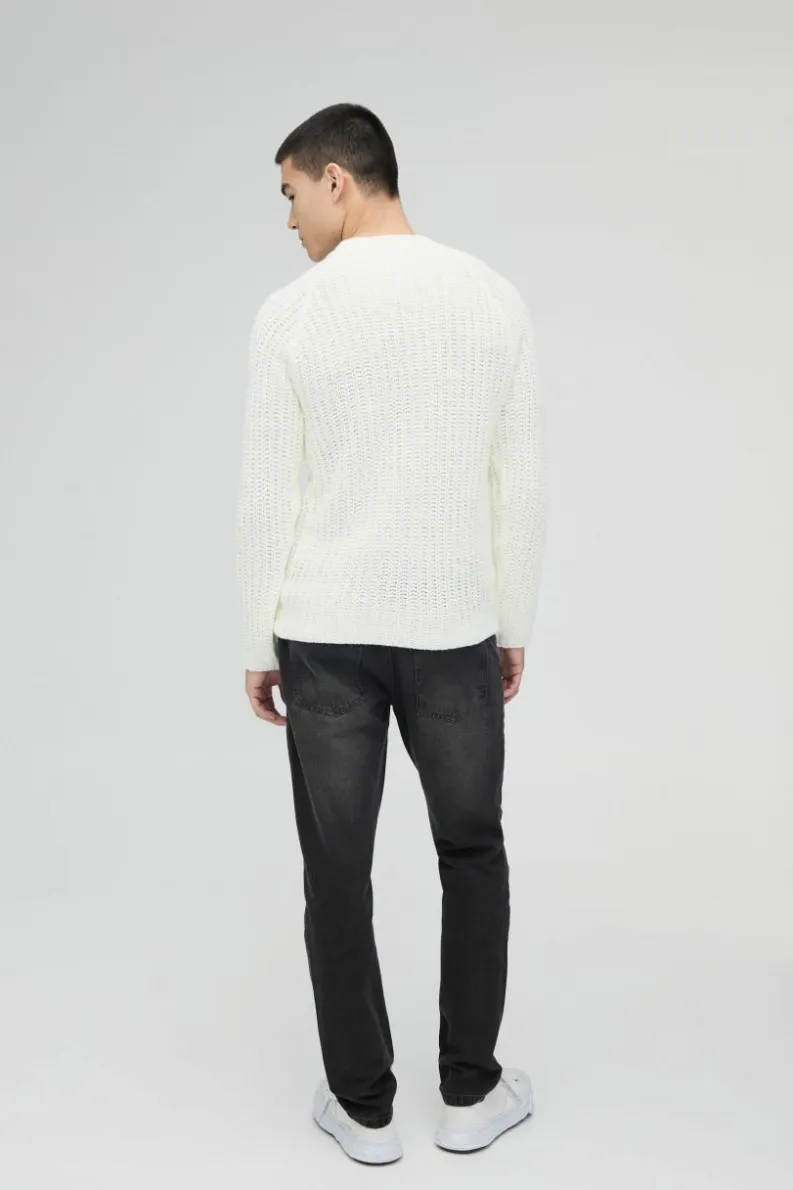 Cheap boohooMAN Regular Fit Raglan Detail Ribbed Crew Neck Knit Jumper ecru