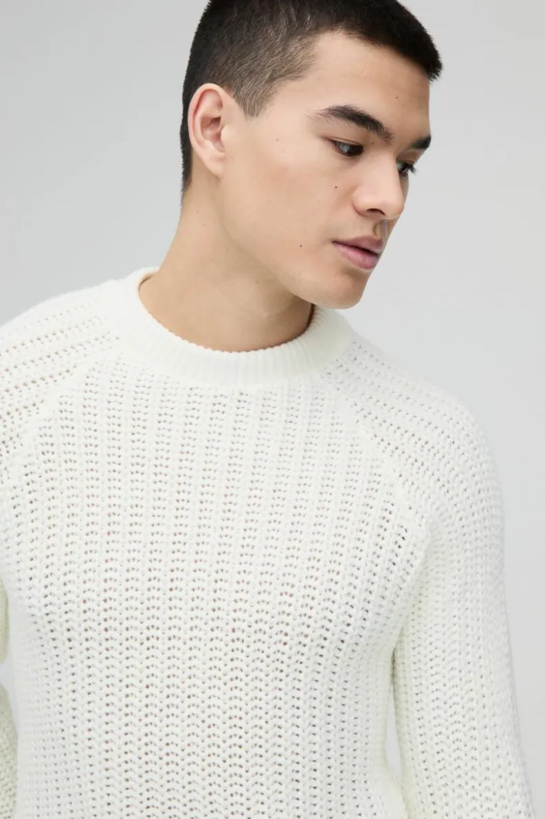 Cheap boohooMAN Regular Fit Raglan Detail Ribbed Crew Neck Knit Jumper ecru