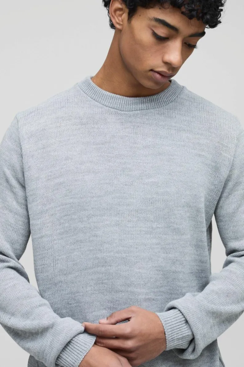 Flash Sale boohooMAN Regular Fit Ribbed Panel Elbow Patch Crew Knitted Jumper light grey