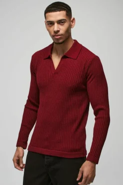 Best boohooMAN Regular Fit Ribbed V Neck Collar Knitted Polo burgundy