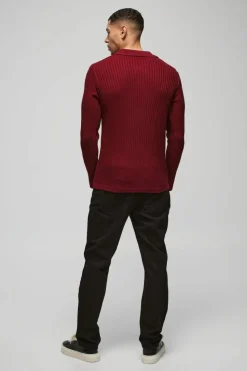 Best boohooMAN Regular Fit Ribbed V Neck Collar Knitted Polo burgundy