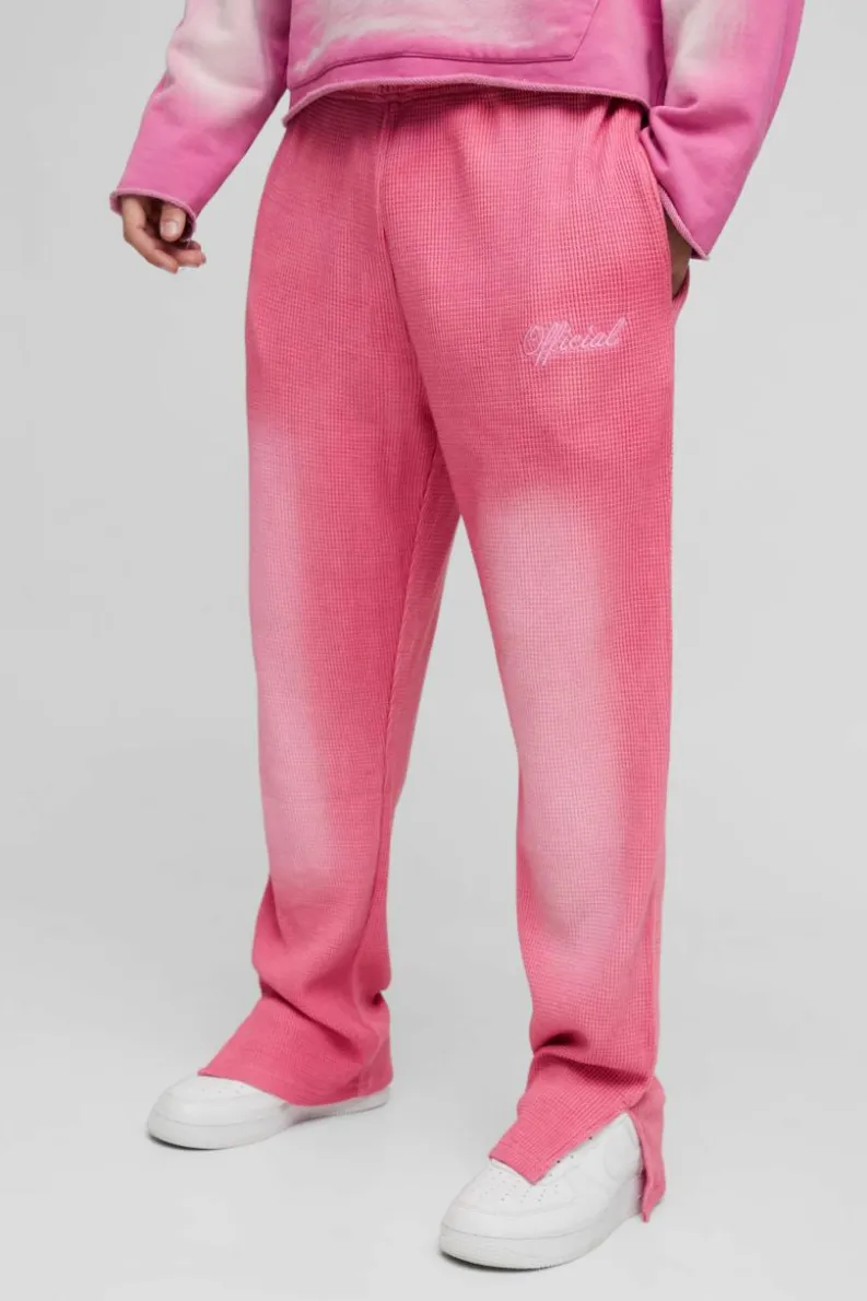 Fashion boohooMAN Regular Fit Spray Wash Heavy Waffle Embroidered Split Hem Jogger pink