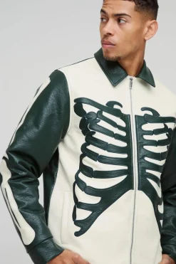Online boohooMAN Regular Fit Tumbled PU Skeleton Applique Harrington Jacket forest