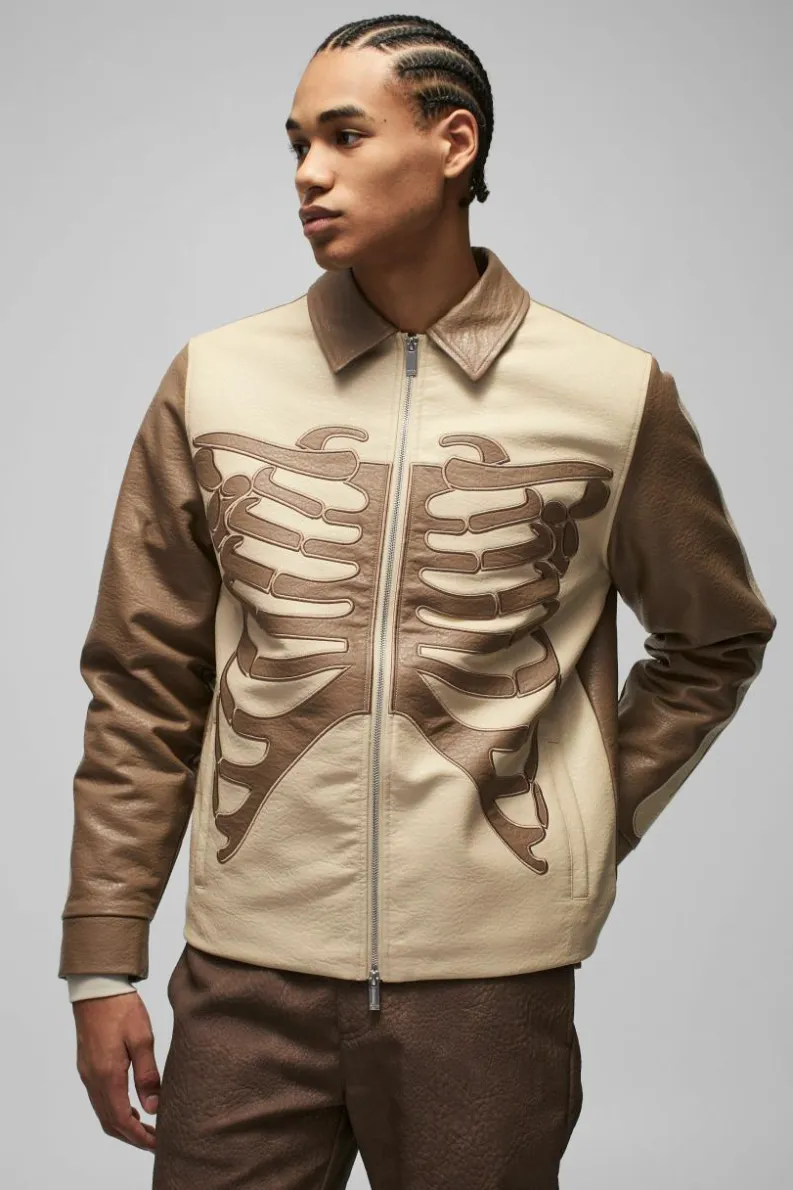 Cheap boohooMAN Regular Fit Tumbled PU Skeleton Applique Harrington Jacket brown