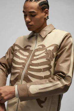 Cheap boohooMAN Regular Fit Tumbled PU Skeleton Applique Harrington Jacket brown