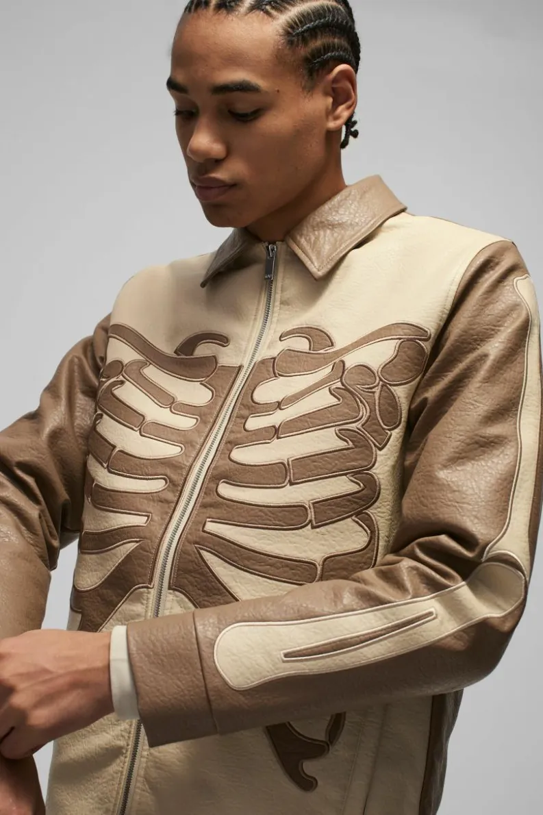 Cheap boohooMAN Regular Fit Tumbled PU Skeleton Applique Harrington Jacket brown