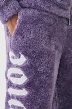 Flash Sale boohooMAN Regular Fit Worldwide Large Applique Teddy Borg Joggers purple