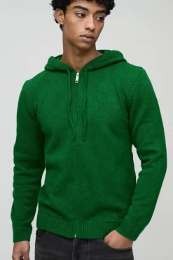 New boohooMAN Regular Fit Zip Through Knitted Hoodie green