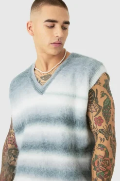 Sale boohooMAN Regular Knitted Brushed Stripe V Neck Tank teal