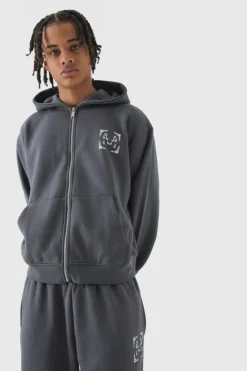 Discount boohooMAN Regular Paisley Back Print Zip Through Tracksuit charcoal