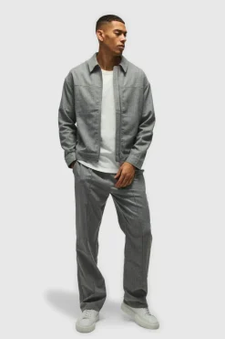 Sale boohooMAN Regular Pinstripe Overshirt & Tapered Fit Trouser Set light grey