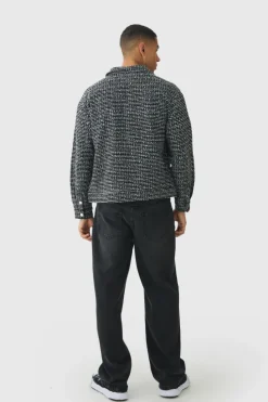 Store boohooMAN Regular Slub Stripe Boucle Overshirt black