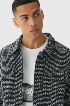 Store boohooMAN Regular Slub Stripe Boucle Overshirt black