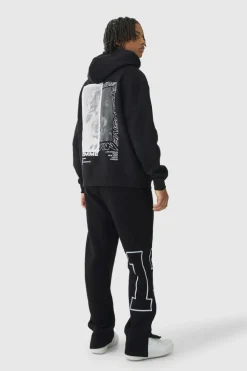 Fashion boohooMAN Regular Split Hem Varsity Printed Jogger black
