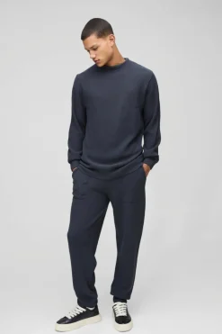 Sale boohooMAN Regular Stitch Interest Knitted Sweat Tracksuit charcoal
