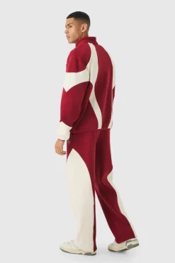 Store boohooMAN Relaxed Colour Block Polar Fleece High Gusset Jogger burgundy