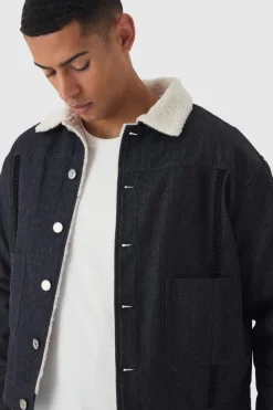 New boohooMAN Relaxed Cropped Borg Lined Aviator Denim Jacket washed black