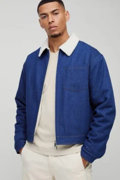 Outlet boohooMAN Relaxed Cropped Borg Lined Zip Aviator Denim Jacket mid blue