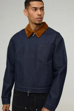 Best Sale boohooMAN Relaxed Cropped Faux Fur Collar Zip Aviator Denim Jacket indigo