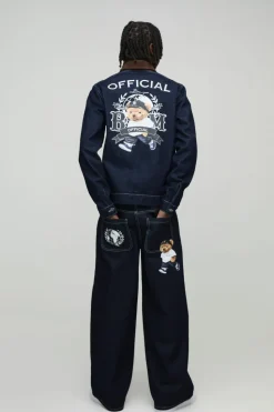 Shop boohooMAN Relaxed Denim Printed Harrington Jacket With Cord Collar indigo
