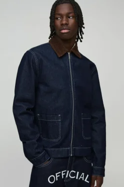 Shop boohooMAN Relaxed Denim Printed Harrington Jacket With Cord Collar indigo