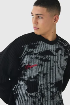 Clearance boohooMAN Relaxed Dropped Shoulder Graphic Print Knitted Jumper black