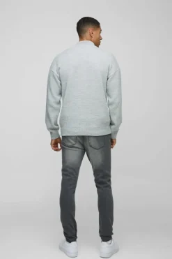 Best boohooMAN Relaxed Fit Boucle Zip Up Knitted Jumper grey
