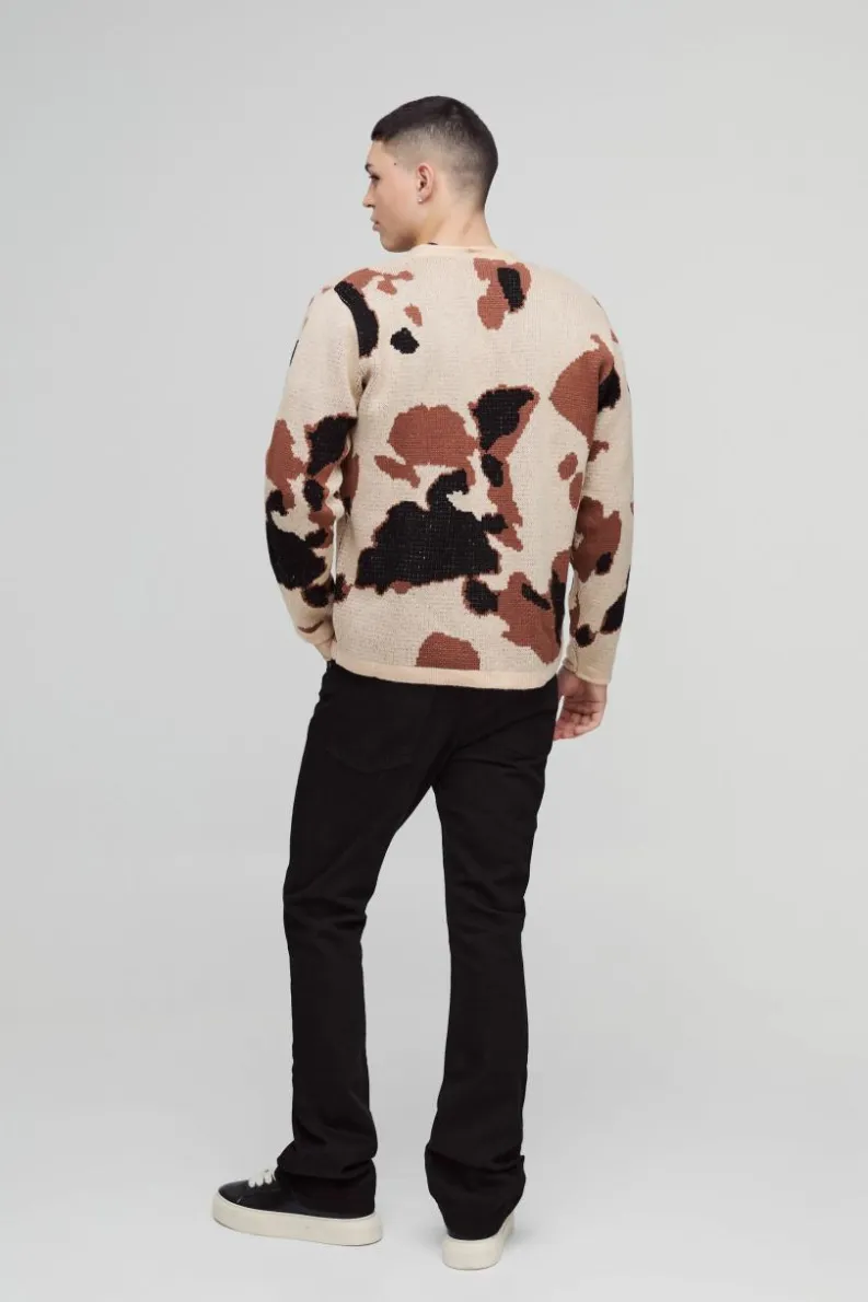 Hot boohooMAN Relaxed Fit Brushed Cow Print Knitted Cardigan brown