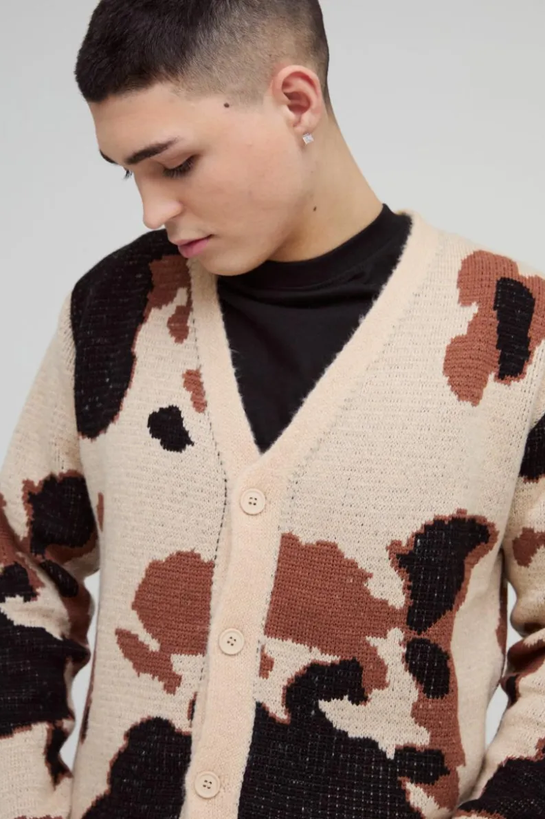 Hot boohooMAN Relaxed Fit Brushed Cow Print Knitted Cardigan brown