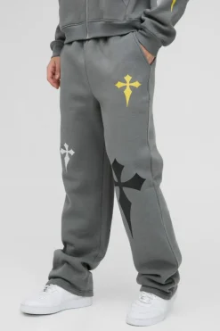 Shop boohooMAN Relaxed Fit Cross Embroidered Printed Jogger charcoal