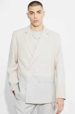 Shop boohoo Relaxed Fit Double Breasted Colour Block Suit ecru