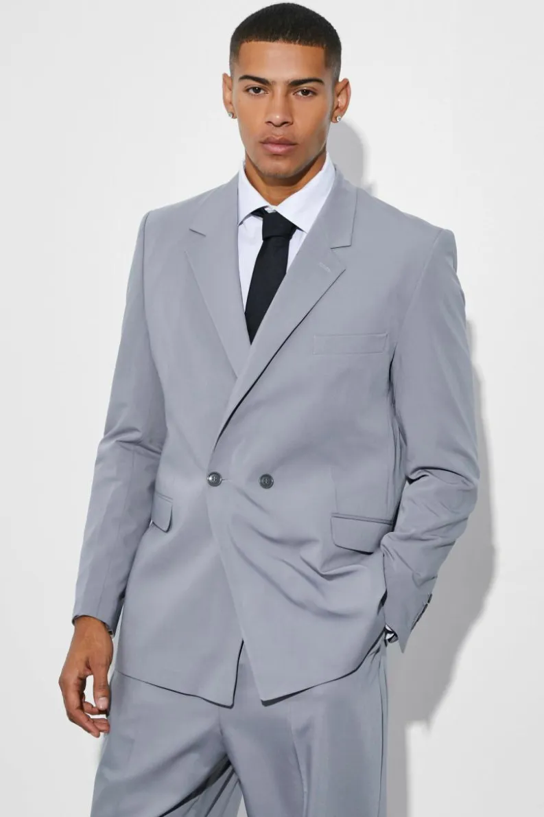 Store boohooMAN Relaxed Fit Double Breasted Suit Jacket grey