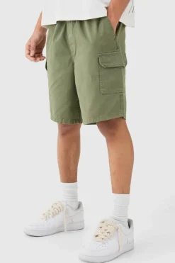 Store boohooMAN Relaxed Fit Elasticated Waist Cargo Shorts khaki