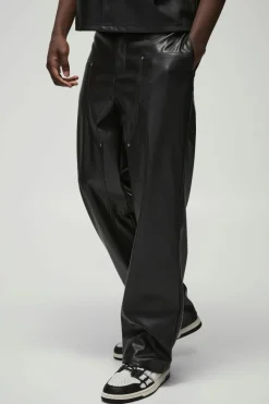 Outlet boohooMAN Relaxed Fit Fixed Waistband PU Worker Panel Trousers black